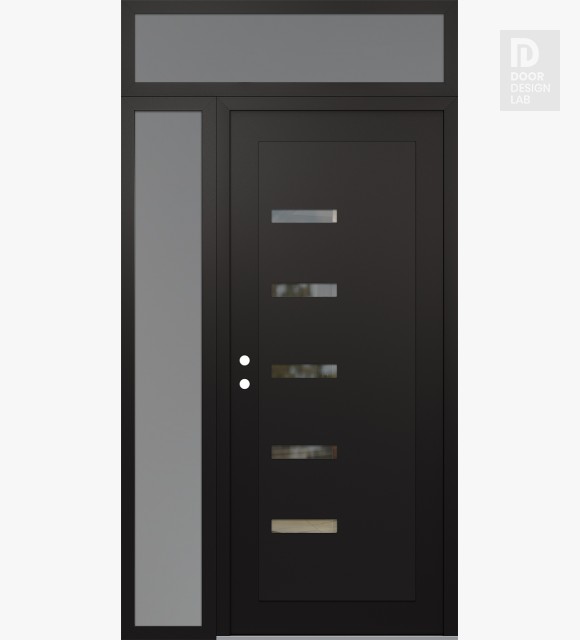 Modern Steel Front Door Diamond C8 48" x 96" black/black clear Glass Panel black RHI with Sidelite and Transom frosted Glass