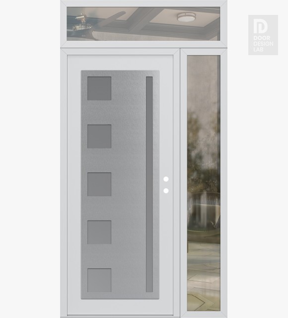 Modern Steel Front Door Diamond C3 50" x 96" white/white frosted Glass Panel stainless steel LHI with Sidelite and Transom clear Glass