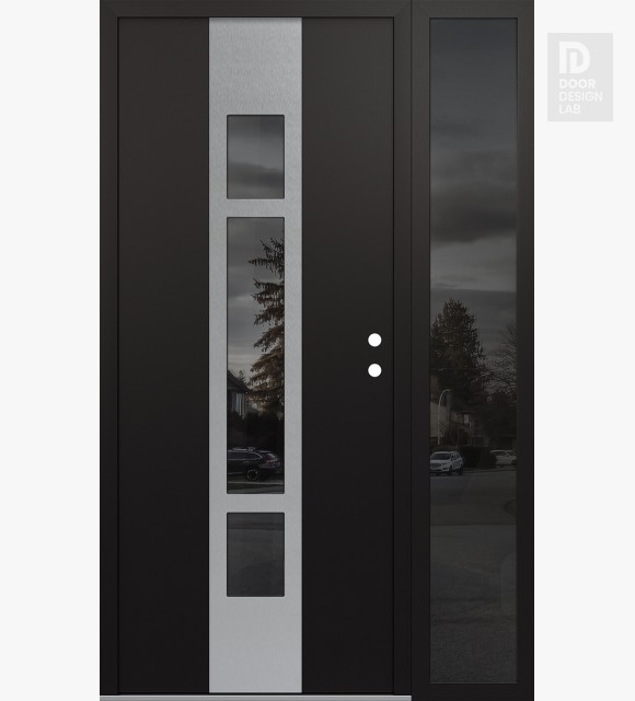 Modern Steel Front Door DIAMOND A9 48" X 80" BLACK/BLACK MIRRORED GLASS PANEL STAINLESS STEEL LHI WITH SIDELITE MIRRORED GLASS