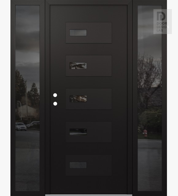 Modern Steel Front Door Diamond D7 64" x 80" black/black mirrored Glass Panel black RHI with 2 Sidelites mirrored Glass