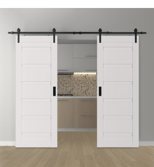 DOUBLE BARN DOOR LOUVER SNOW WHITE 64" X 80" X 1 3/4" BLACK HARDWARE