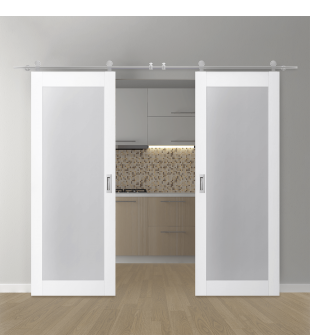 DOUBLE BARN DOOR PALLADIO 207 VETRO BIANCO NOBLE 60" X 80" X 1 9/16" TEMPERED FROSTED GLASS STAINLESS STEEL HARDWARE