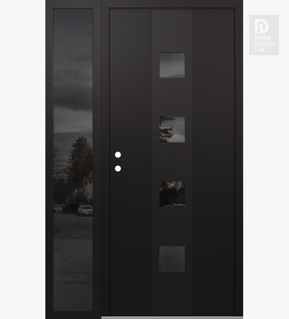 Modern Steel Front Door DIAMOND A12 48" X 80" BLACK/BLACK MIRRORED GLASS PANEL BLACK RHI WITH SIDELITE MIRRORED GLASS