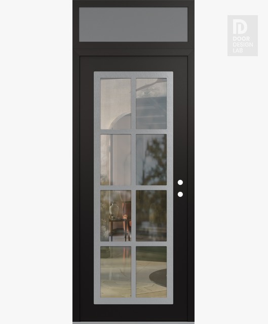 Modern Steel Front Door Diamond C16 36" x 96" black/black clear Glass Panel stainless steel LHI with Transom frosted Glass