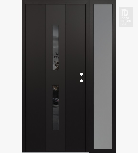 Modern Steel Front Door DIAMOND A6 48" X 80" BLACK/BLACK MIRRORED GLASS PANEL BLACK LHI WITH SIDELITE FROSTED GLASS