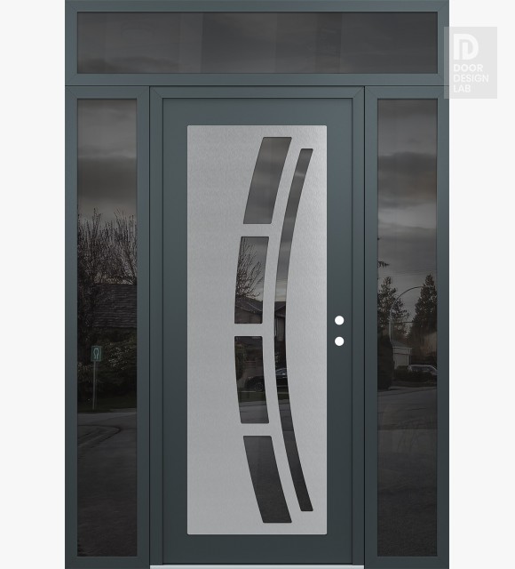 Modern Steel Front Door Diamond C12 64" x 96" anthracite/anthracite mirrored Glass Panel stainless steel LHI with 2 Sidelites and Transom mirrored Glass