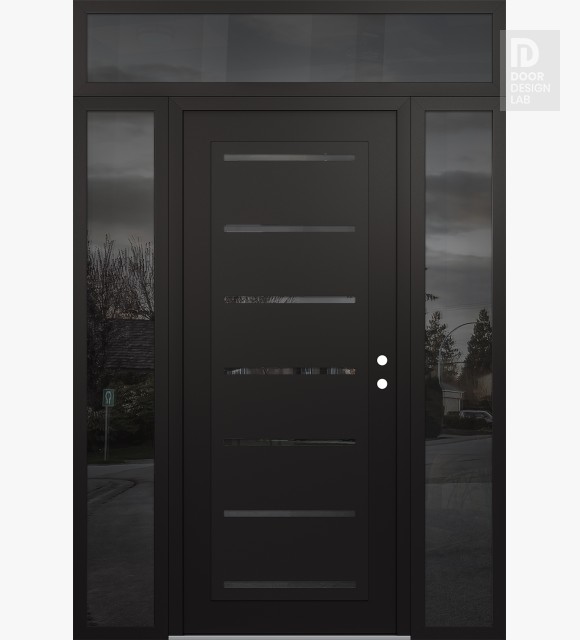 Modern Steel Front Door Diamond C11 64" x 96" black/black mirrored Glass Panel black LHI with 2 Sidelites and Transom mirrored Glass