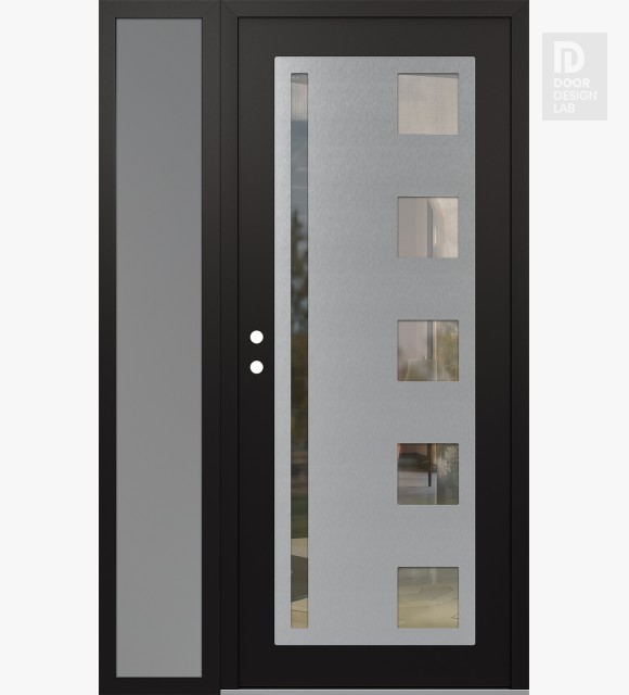 Modern Steel Front Door Diamond C3 50" x 80" black/black clear Glass Panel stainless steel RHI with Sidelite frosted Glass