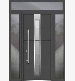 Front Exterior Prehung Steel Door / Deux 1717 Gray Graphite / Stainless Inserts Single Modern Painted-W64" x H96"-Right-hand Inswing