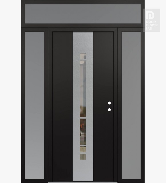 Modern Steel Front Door DIAMOND A3 64" X 96" BLACK/BLACK CLEAR GLASS PANEL STAINLESS STEEL LHI WITH 2 SIDELITES AND TRANSOM FROSTED GLASS
