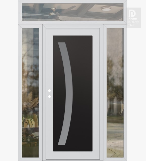 Modern Steel Front Door Diamond C4 64" x 96" white/white frosted Glass Panel black RHI with 2 Sidelites and Transom clear Glass