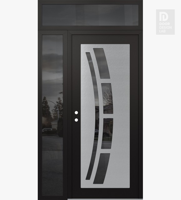 Modern Steel Front Door Diamond C12 52" x 96" black/black mirrored Glass Panel stainless steel RHI with Sidelite and Transom mirrored Glass