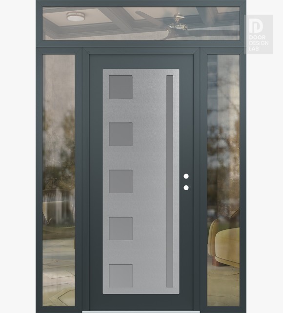 Modern Steel Front Door Diamond C3 68" x 96" anthracite/anthracite frosted Glass Panel stainless steel LHI with 2 Sidelites and Transom clear Glass