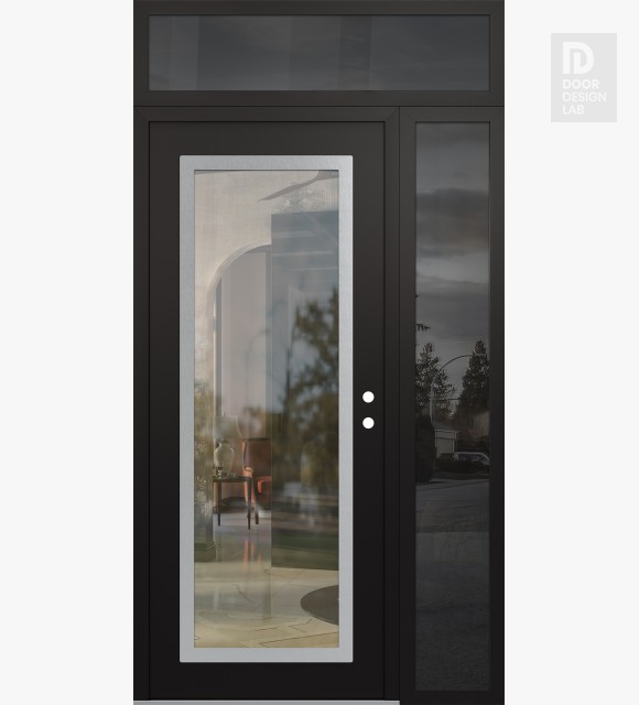 Modern Steel Front Door Diamond C1 50" x 96" black/black clear Glass Panel stainless steel LHI with Sidelite and Transom mirrored Glass