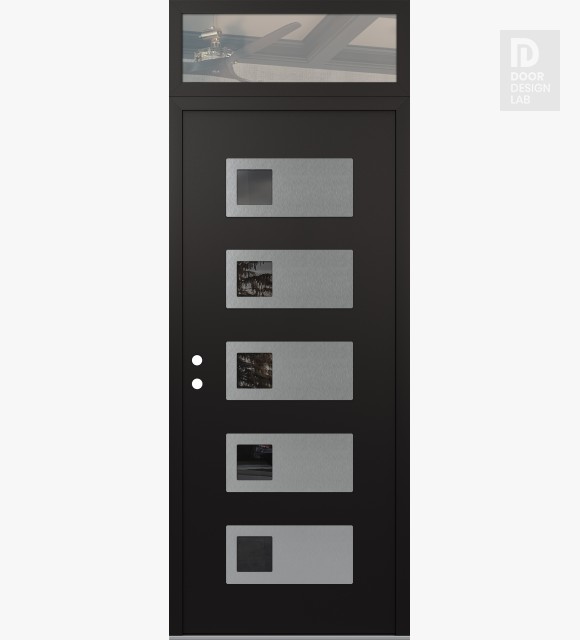 Modern Steel Front Door Diamond D2 36" x 96" black/black mirrored Glass Panel stainless steel RHI with Transom clear Glass