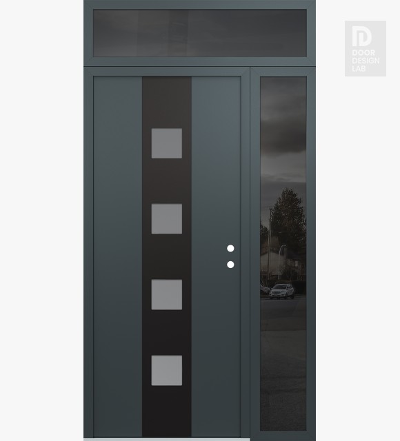Modern Steel Front Door DIAMOND A12 50" X 96" ANTHRACITE/ANTHRACITE FROSTED GLASS PANEL BLACK LHI WITH SIDELITE AND TRANSOM MIRRORED GLASS