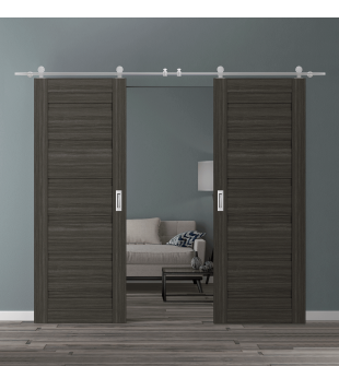 DOUBLE BARN DOOR LOUVER GRAY OAK 36" X 96" X 1 3/4" STAINLESS STEEL HARDWARE