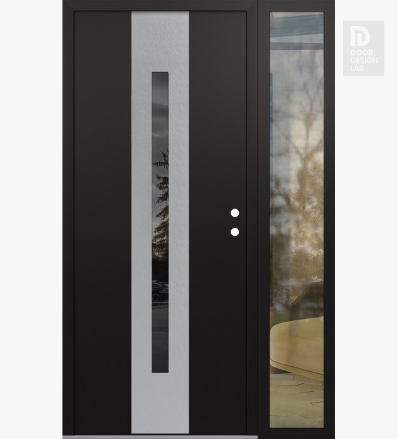 Modern Steel Front Door DIAMOND A2 52" X 80" BLACK/BLACK MIRRORED GLASS PANEL STAINLESS STEEL LHI WITH SIDELITE CLEAR GLASS