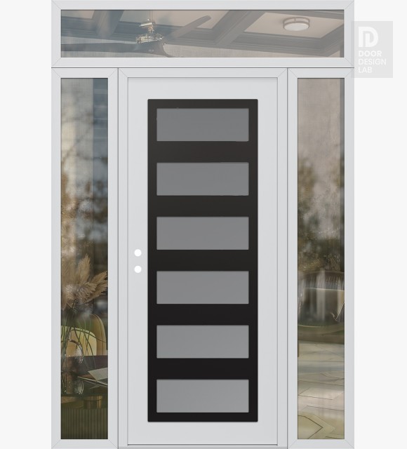 Modern Steel Front Door Diamond C9 60" x 96" white/white frosted Glass Panel black RHI with 2 Sidelites and Transom clear Glass