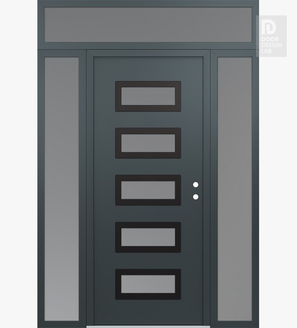 Modern Steel Front Door Diamond D1 60" x 96" anthracite/anthracite frosted Glass Panel black LHI with 2 Sidelites and Transom frosted Glass
