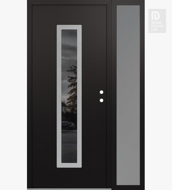 Modern Steel Front Door DIAMOND A11 50" X 80" BLACK/BLACK MIRRORED GLASS PANEL STAINLESS STEEL LHI WITH SIDELITE FROSTED GLASS