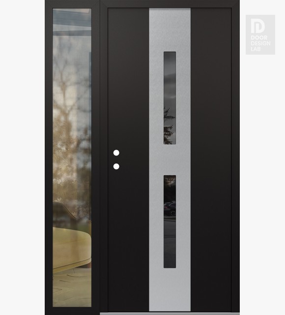 Modern Steel Front Door DIAMOND A6 52" X 80" BLACK/BLACK MIRRORED GLASS PANEL STAINLESS STEEL RHI WITH SIDELITE CLEAR GLASS