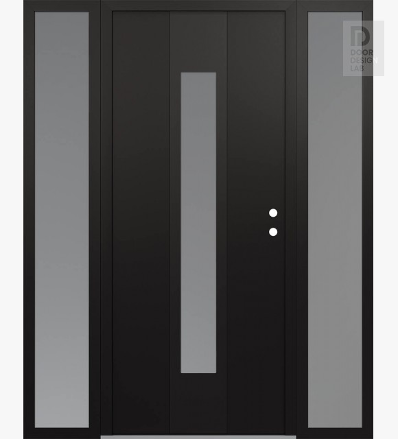 Modern Steel Front Door DIAMOND A1 64" X 80" BLACK/WHITE FROSTED GLASS PANEL BLACK LHI WITH 2 SIDELITES FROSTED GLASS