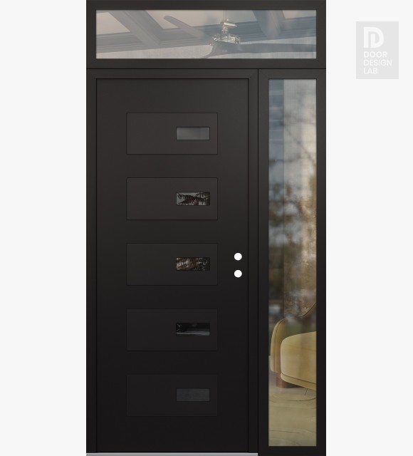 Modern Steel Front Door Diamond D7 48" x 96" black/black mirrored Glass Panel black LHI with Sidelite and Transom clear Glass