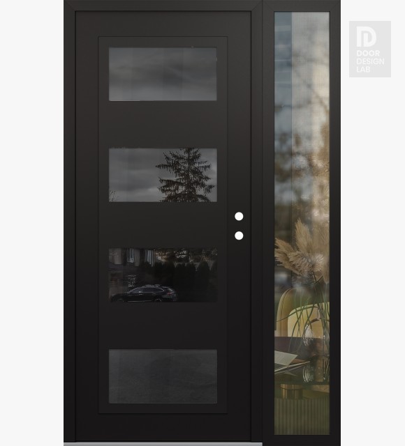 Modern Steel Front Door Diamond C2 52" x 80" black/black mirrored Glass Panel black LHI with Sidelite clear Glass