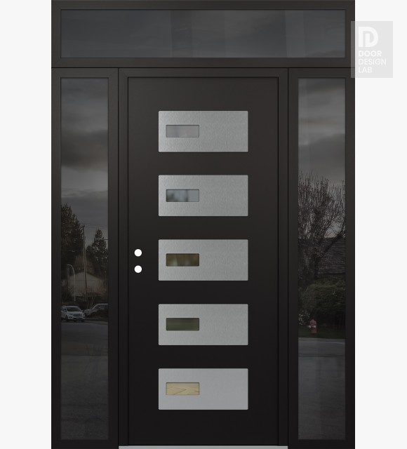 Modern Steel Front Door Diamond D7 64" x 96" black/black clear Glass Panel stainless steel RHI with 2 Sidelites and Transom mirrored Glass