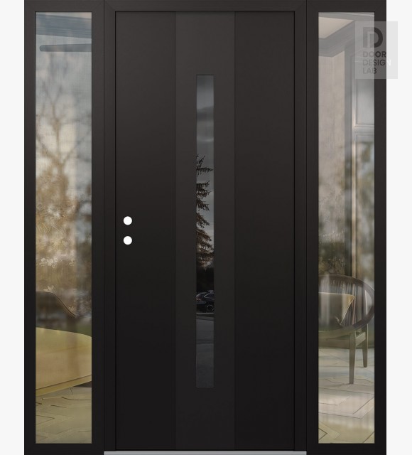 Modern Steel Front Door DIAMOND A2 60" X 80" BLACK/BLACK MIRRORED GLASS PANEL BLACK RHI WITH 2 SIDELITES CLEAR GLASS