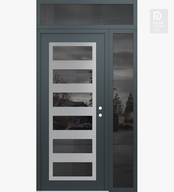 Modern Steel Front Door Diamond C9 52" x 96" anthracite/anthracite mirrored Glass Panel stainless steel LHI with Sidelite and Transom mirrored Glass