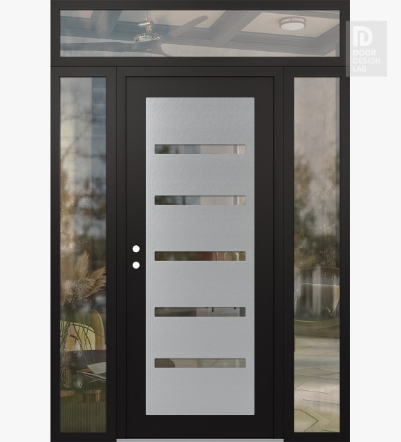 Modern Steel Front Door Diamond C7 64" x 96" black/black clear Glass Panel stainless steel RHI with 2 Sidelites and Transom clear Glass
