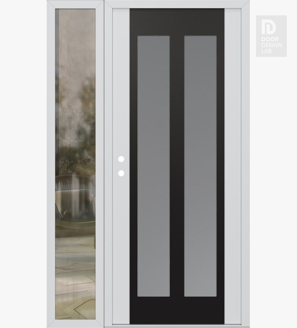 Modern Steel Front Door Diamond C14 50" x 80" white/white frosted Glass Panel black RHI with Sidelite clear Glass