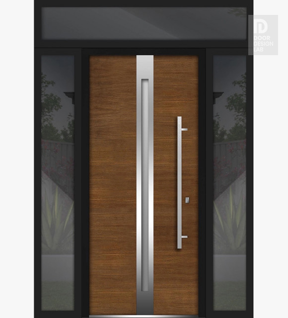 Brown Front Exterior Prehung Steel Door / Deux 1744 / 2 Side and Top Exterior Black Window / Stainless Inserts Single Modern Painted-W16+36+16" x H80+16"-Left-hand Inswing