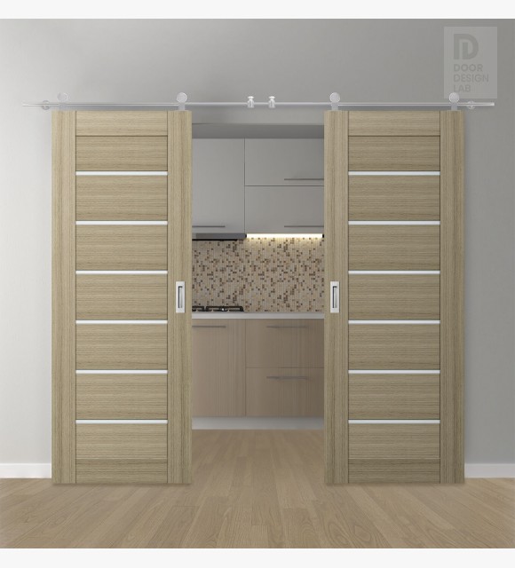 DOUBLE BARN DOOR AVON 07-02 VETRO SHAMBOR 60" X 84" X 1 3/4" STAINLESS STEEL HARDWARE