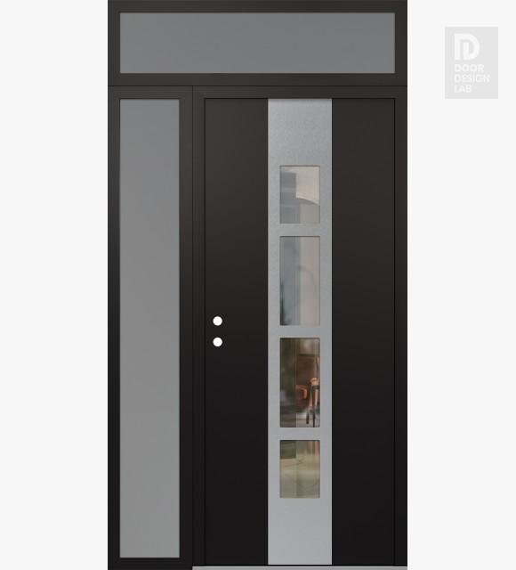 Modern Steel Front Door DIAMOND A10 48" X 96" BLACK/BLACK CLEAR GLASS PANEL STAINLESS STEEL RHI WITH SIDELITE AND TRANSOM FROSTED GLASS