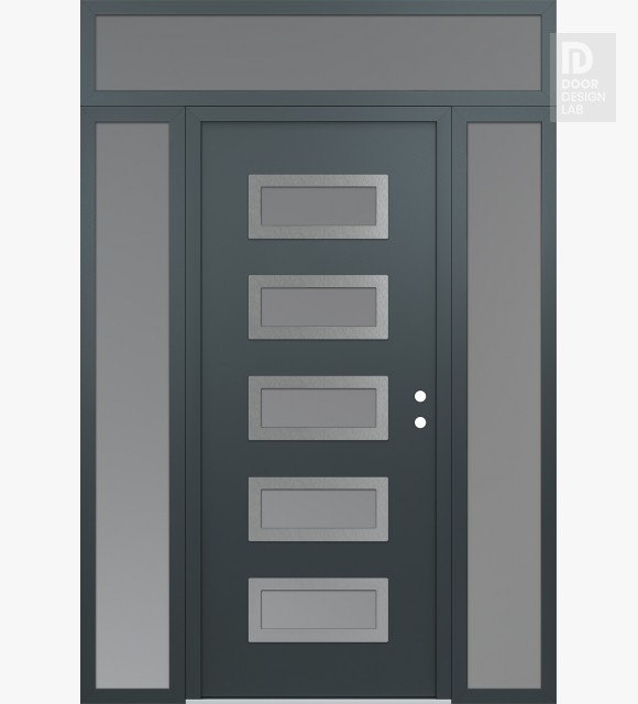 Modern Steel Front Door Diamond D1 68" x 96" anthracite/anthracite frosted Glass Panel stainless steel LHI with 2 Sidelites and Transom frosted Glass