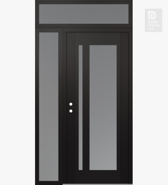 Modern Steel Front Door Diamond C15 48" x 96" black/white frosted Glass Panel black RHI with Sidelite and Transom frosted Glass