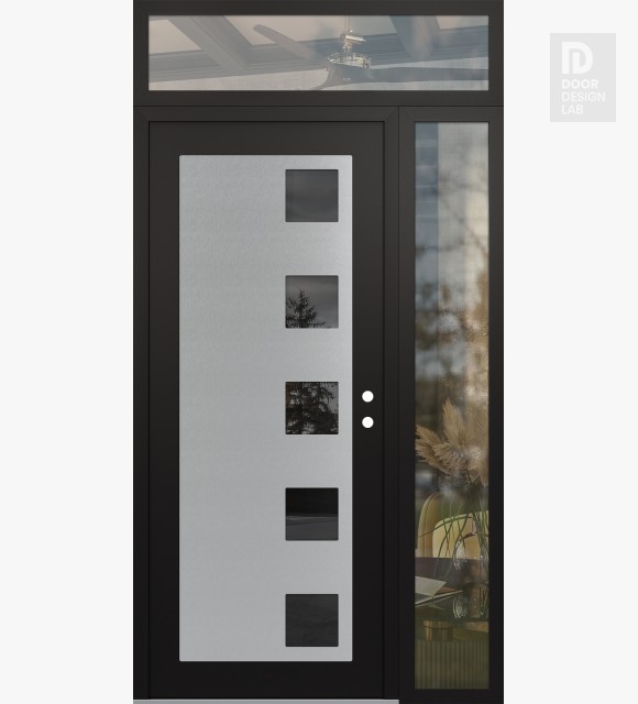 Modern Steel Front Door Diamond C5 50" x 96" black/black mirrored Glass Panel stainless steel LHI with Sidelite and Transom clear Glass