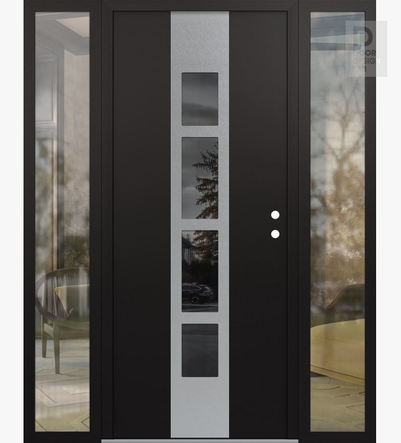 Modern Steel Front Door DIAMOND A10 64" X 80" BLACK/BLACK MIRRORED GLASS PANEL STAINLESS STEEL LHI WITH 2 SIDELITES CLEAR GLASS
