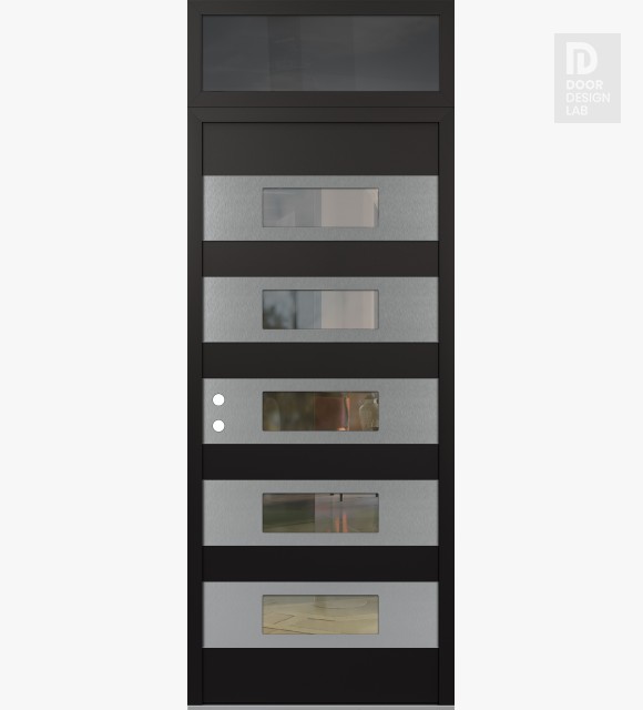 Modern Steel Front Door Diamond D5 36" x 96" black/black clear Glass Panel stainless steel RHI with Transom mirrored Glass