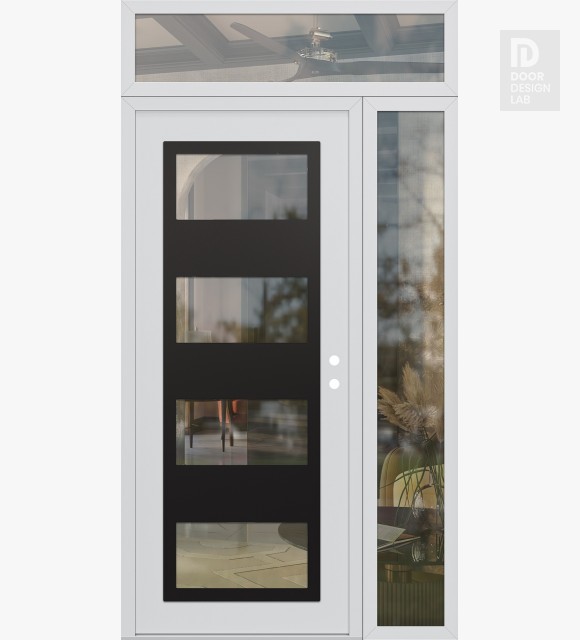 Modern Steel Front Door Diamond C2 48" x 96" white/white clear Glass Panel black LHI with Sidelite and Transom clear Glass