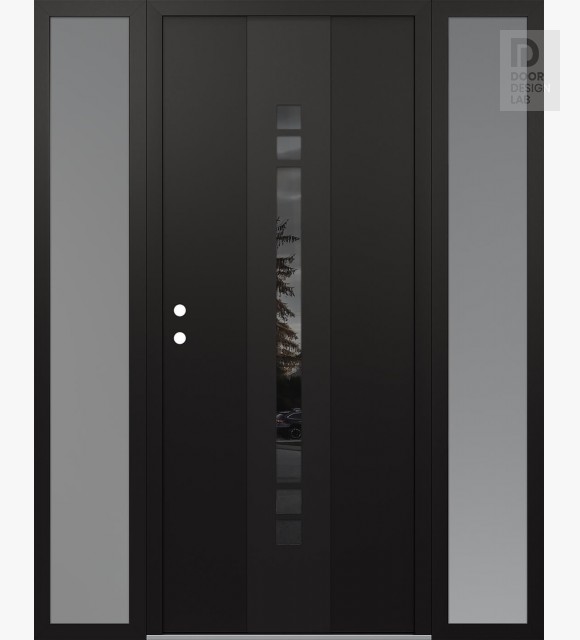Modern Steel Front Door DIAMOND A4 64" X 80" BLACK/BLACK MIRRORED GLASS PANEL BLACK RHI WITH 2 SIDELITES FROSTED GLASS