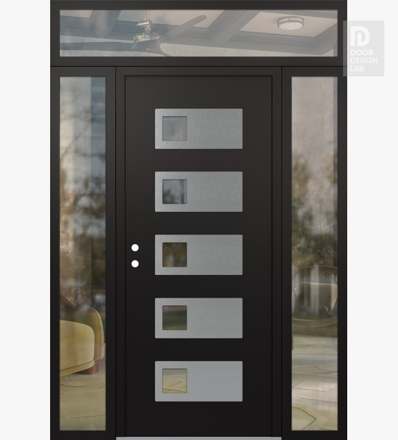 Modern Steel Front Door Diamond D2 68" x 96" black/black clear Glass Panel stainless steel RHI with 2 Sidelites and Transom clear Glass