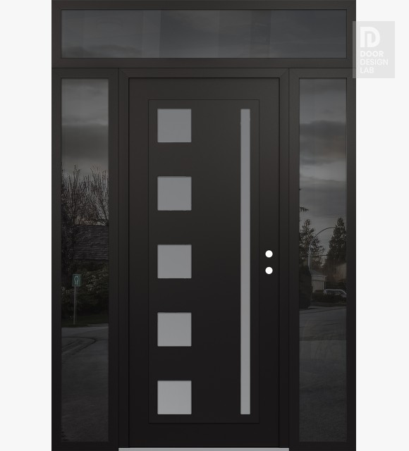 Modern Steel Front Door Diamond C3 60" x 96" black/white frosted Glass Panel black LHI with 2 Sidelites and Transom mirrored Glass