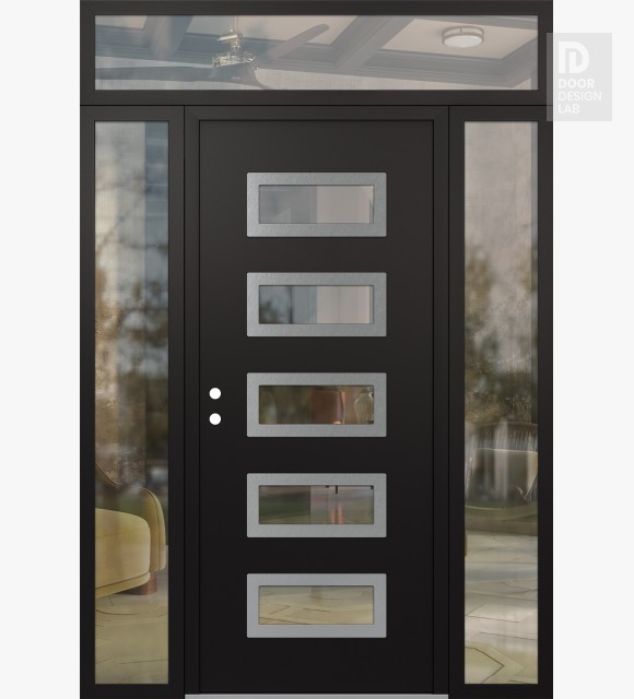 Modern Steel Front Door Diamond D1 60" x 96" black/black clear Glass Panel stainless steel RHI with 2 Sidelites and Transom clear Glass