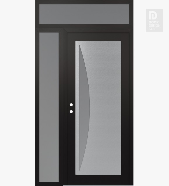 Modern Steel Front Door Diamond C13 48" x 96" black/white frosted Glass Panel stainless steel RHI with Sidelite and Transom frosted Glass