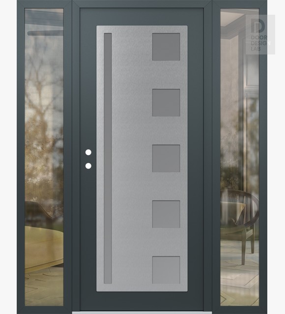 Modern Steel Front Door Diamond C3 64" x 80" anthracite/anthracite frosted Glass Panel stainless steel RHI with 2 Sidelites clear Glass