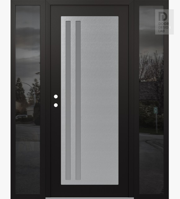 Modern Steel Front Door Diamond C6 60" x 80" black/white frosted Glass Panel stainless steel RHI with 2 Sidelites mirrored Glass